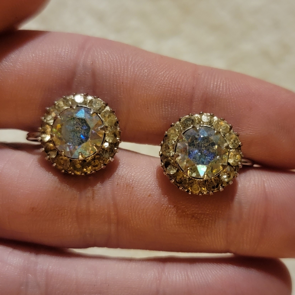 Vintage screwback earrings. Blue stone with rhinestones surrounding.